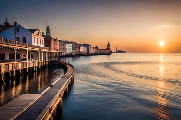 een pier met een zonsondergang op de achtergrond