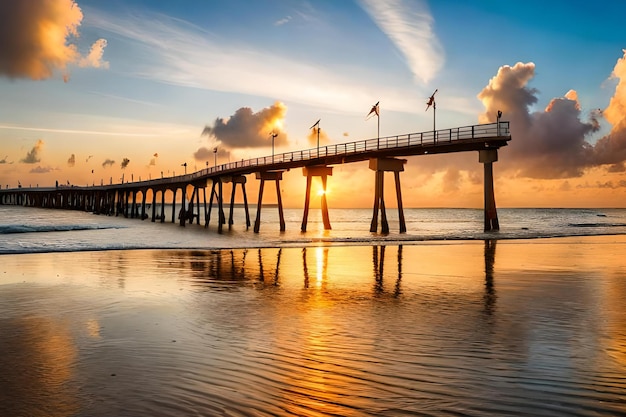 Een pier op het strand bij zonsondergang