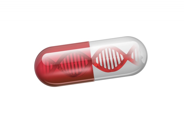 Foto een pil in de vorm van een capsule van rode kleur, in een dna-spiraal, geïsoleerd een wit