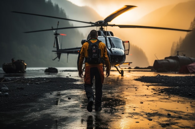 Een piloot in volle uitrusting loopt naar een helikopter die klaar staat voor een gewaagde reddingsmissie