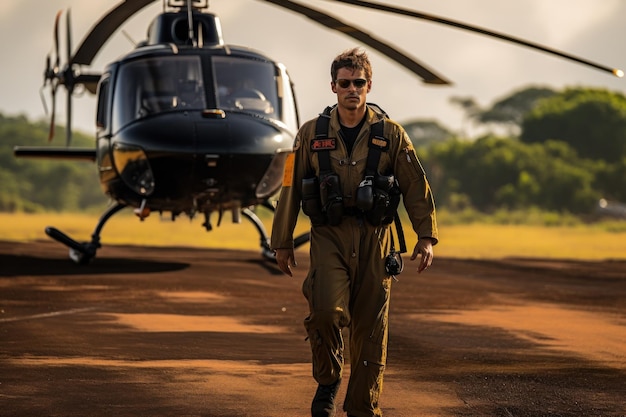 Een piloot in volle uitrusting loopt naar een helikopter die klaar staat voor een gewaagde reddingsmissie