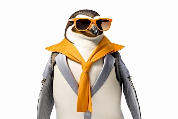 een pinguïn die een pak en een zonnebril draagt