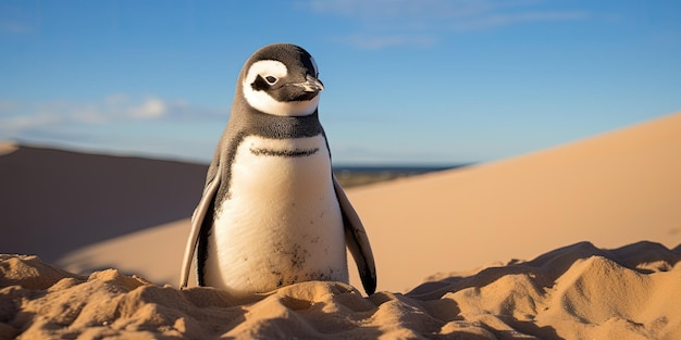 een pinguïn die in het zand staat