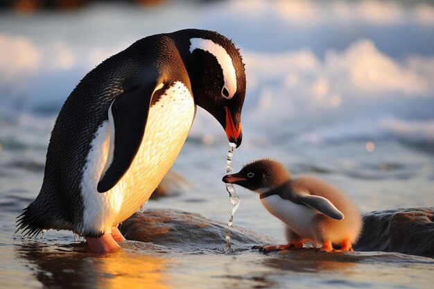Foto een pinguïn en een eend drinken van een watersprinkler