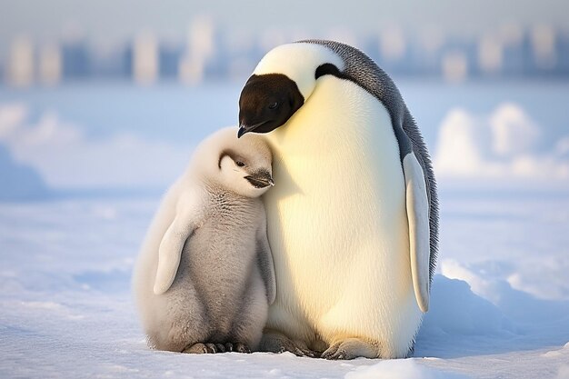 een pinguïn en zijn baby zitten in de sneeuw