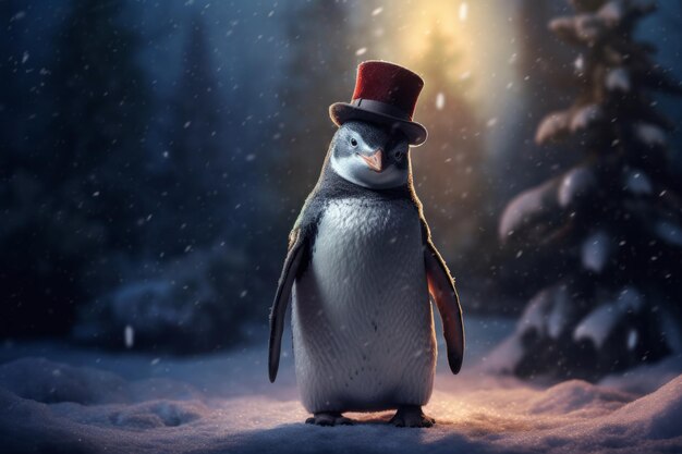 een pinguïn gekleed in een hoed die in de sneeuw staat en op zijn achterpoten staat met zijn lichaam rechtop