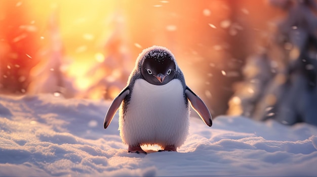 Foto een pinguïn in een besneeuwd landschap speels gelukkig dier generatieve ai