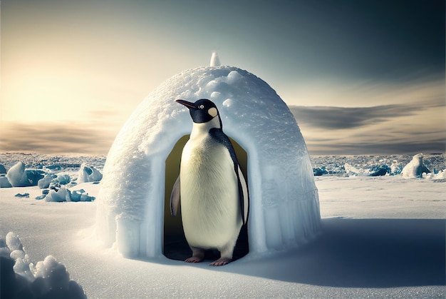 Een pinguïn in een iglo met de zon erachter