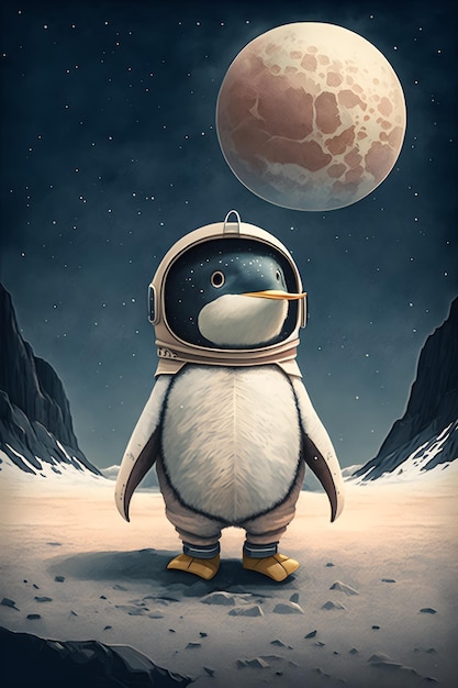 Een pinguïn in een ruimtepak staat op een planeet.