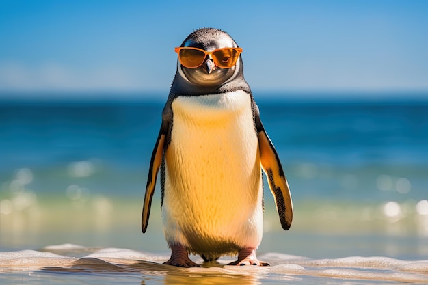 een pinguïn met bril op zijn hoofd en een blauwe lucht op de achtergrond.