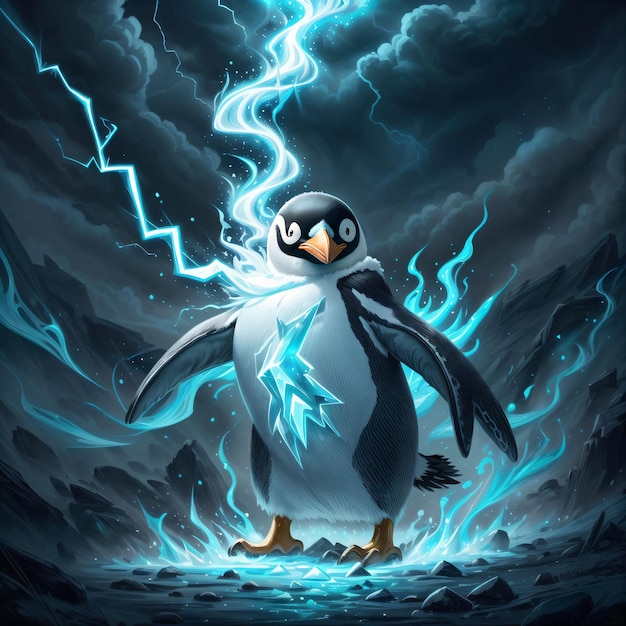 Een pinguïn met een bliksemschicht op de achtergrond