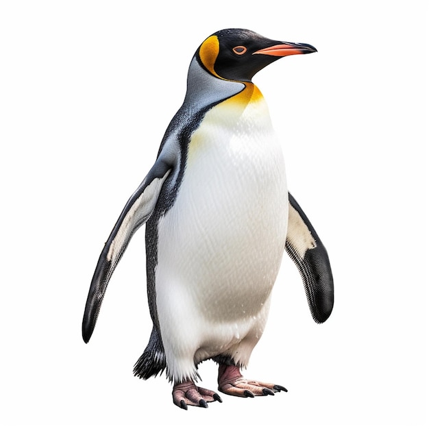Een pinguïn met een gele kop en oranje ogen staat op een witte achtergrond.