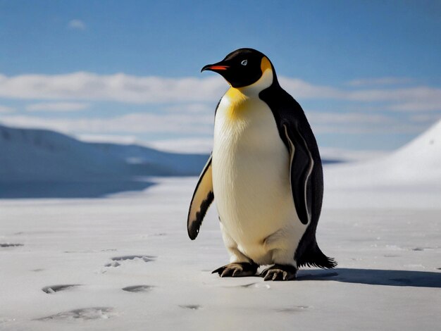 een pinguïn met een gele snavel en een blauwe hemel op de achtergrond