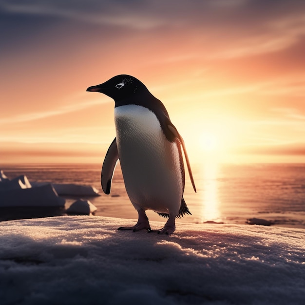 Een pinguïn met een oog erop staat op ijs.