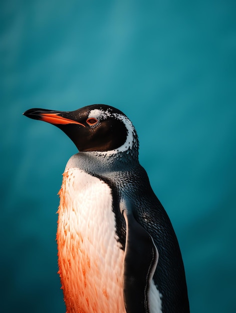 Een pinguïn met een rood oog staat op een rots.