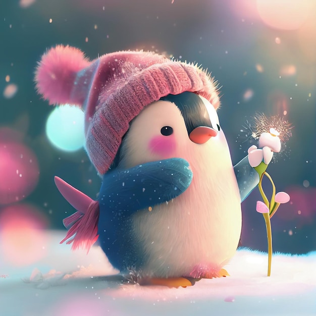Een pinguïn met een roze hoed houdt een bloem in de sneeuw.
