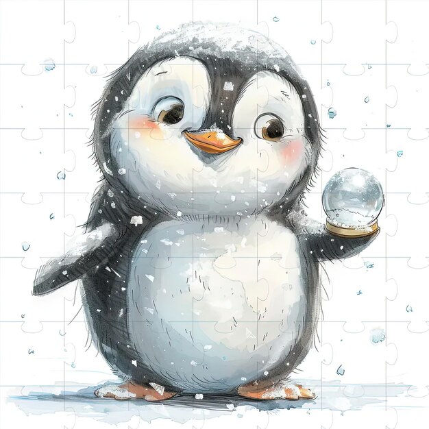 Een pinguïn met een sneeuwbol in zijn poten