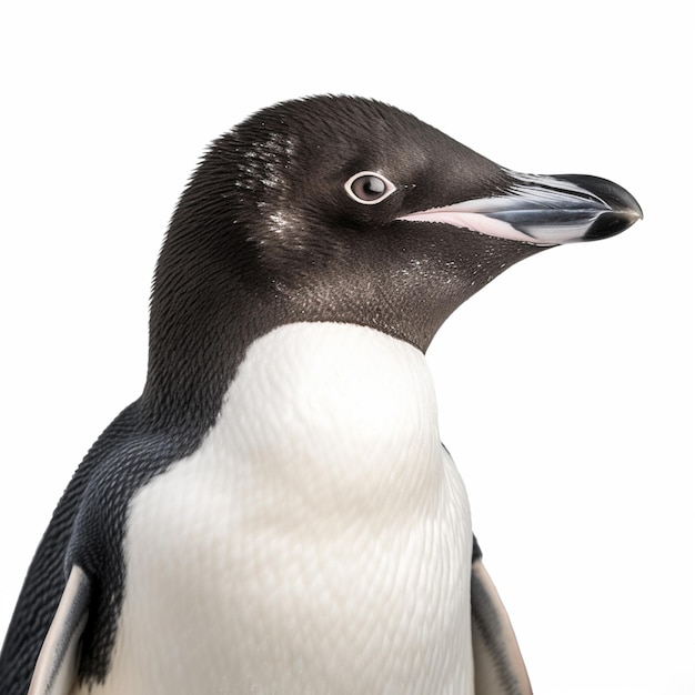 Een pinguïn met een zwart-wit gezicht staat tegen een witte achtergrond.