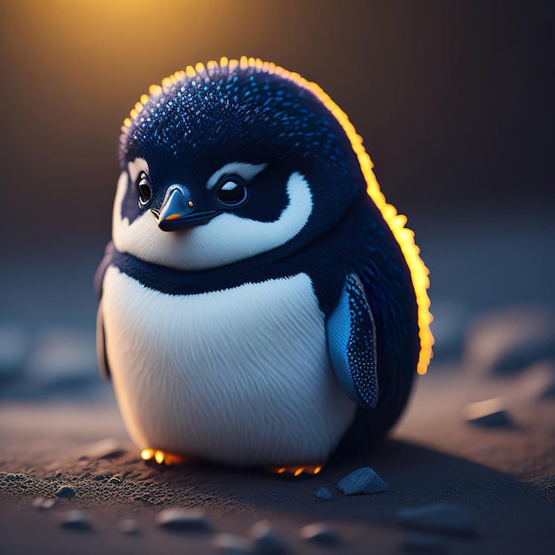 Een pinguïn met een zwarte neus en blauwe ogen staat op een zwarte ondergrond.