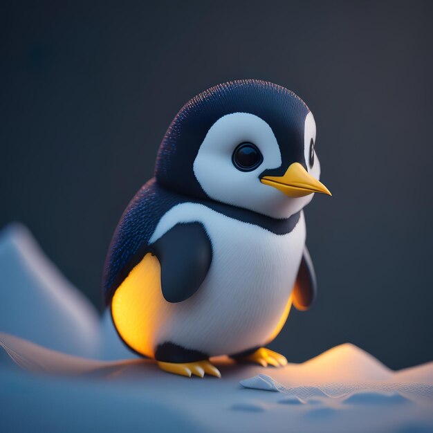 Een pinguïn met gele ogen staat op een besneeuwd oppervlak.