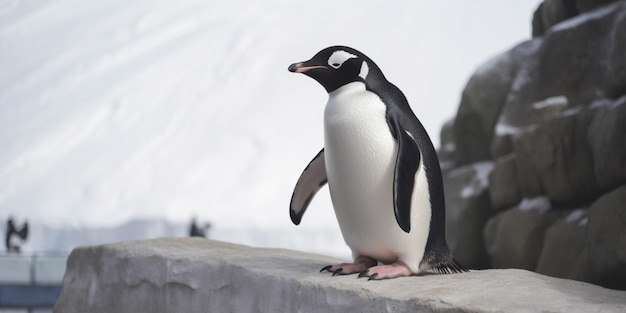 Een pinguïn op een muur met sneeuw op de achtergrond