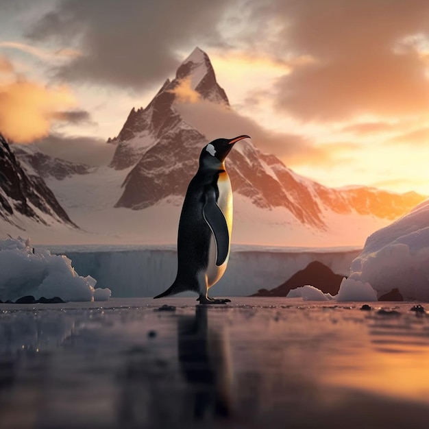 Een pinguïn staat op een ijsberg met bergen op de achtergrond.