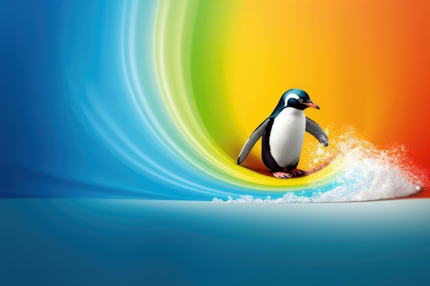 Een pinguïn staat op een regenboogkleurige achtergrond.