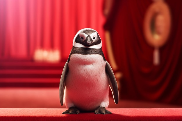 Een pinguïn staat op een rode achtergrond met daarachter een rood gordijn.