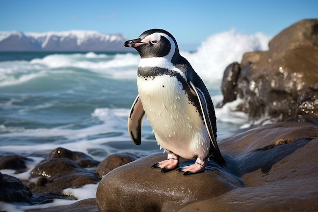 Een pinguïn staat op een rots bij de oceaan.