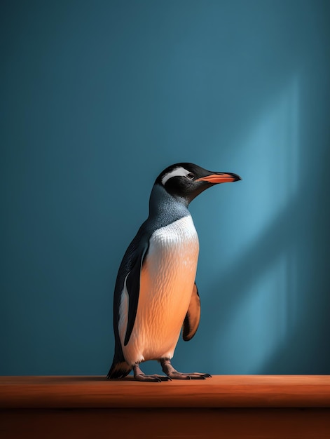 Een pinguïn staat op een tafel voor een blauwe muur.