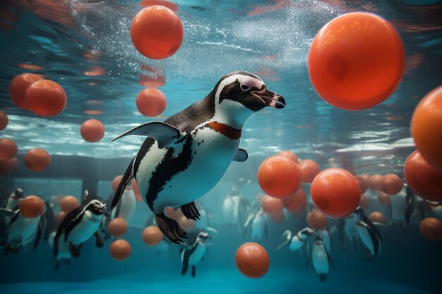 een pinguïn zwemt in een zwembad met oranje ballen