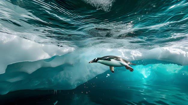 een pinguïn zwemt in het water bij een ijsberg