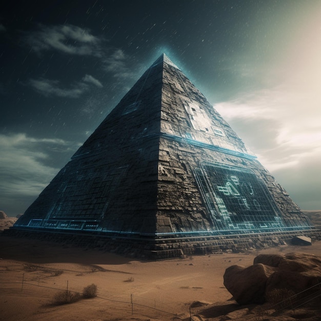 Een piramide in de woestijn met het woord piramide erop