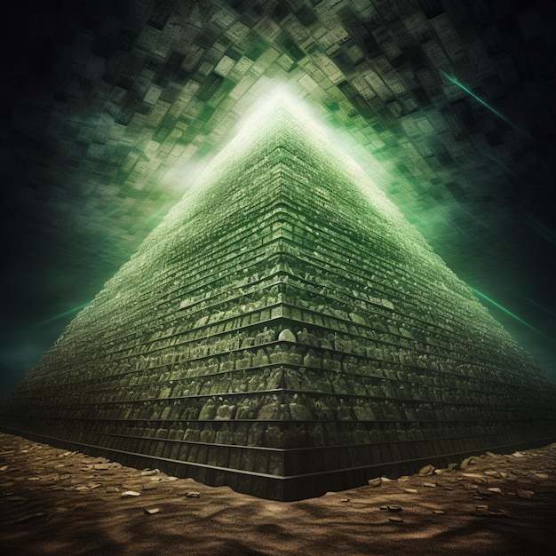 Foto een piramide met een lampje erop en het woord piramide op de bodem.
