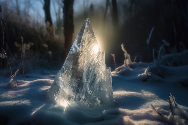 Een piramide van ijs is bedekt met sneeuw waar de zon doorheen schijnt.