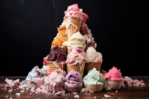 Een piramide van ijsjes met verschillende smaken in elke laag
