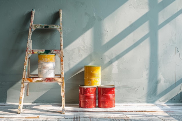 Foto een piramide van verfblikken rust op een houten trap in een helder verlichte onvoltooide kamer