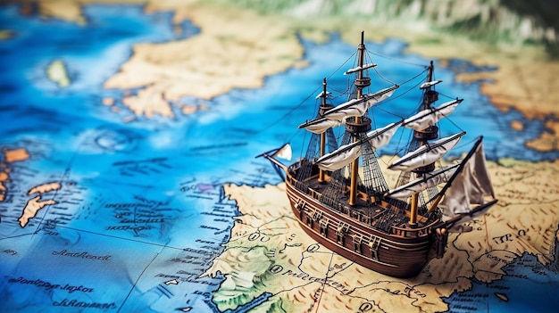 Een piratenkaart die de oceaan en de onzichtbare reis van het schip onthult