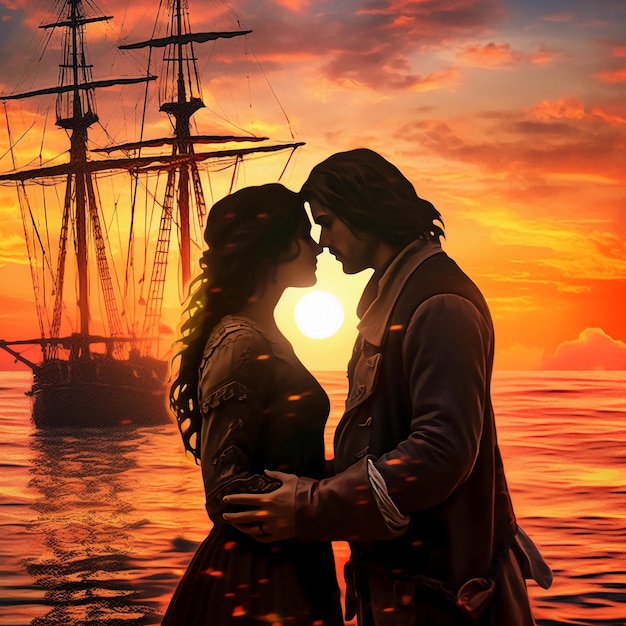 een piratenpaar uit het jaar 1678 verliefd op een modern jacht in het jaar 2023