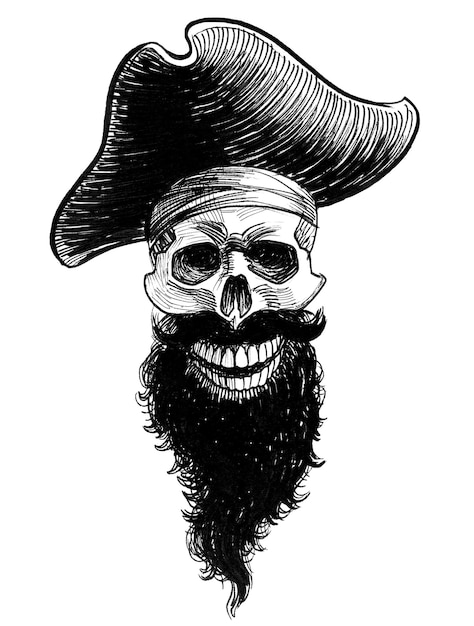 Een piratenschedel met hoed en baard glimlacht.