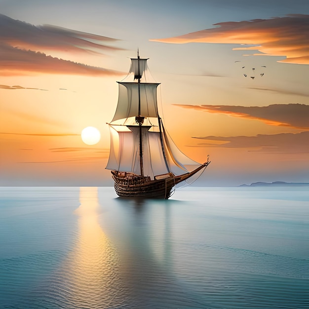 Foto een piratenschip dat bij zonsondergang in de oceaan zeilt
