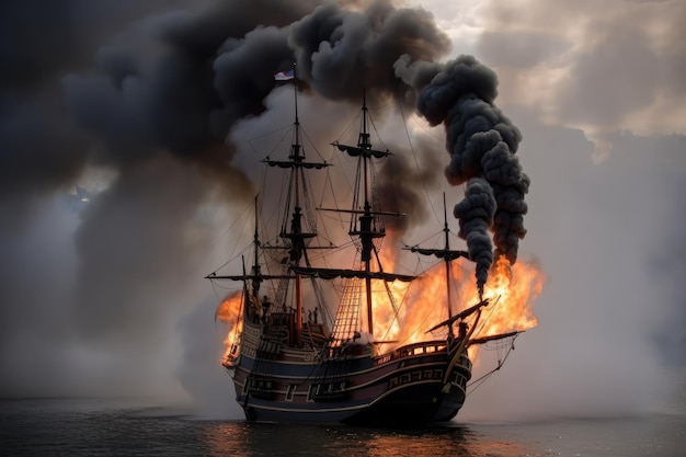 Een piratenschip in vlammen met rookwolken in de lucht