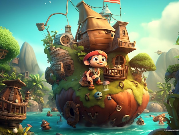 Een piratenschip ligt op een drijvend eiland in het water.