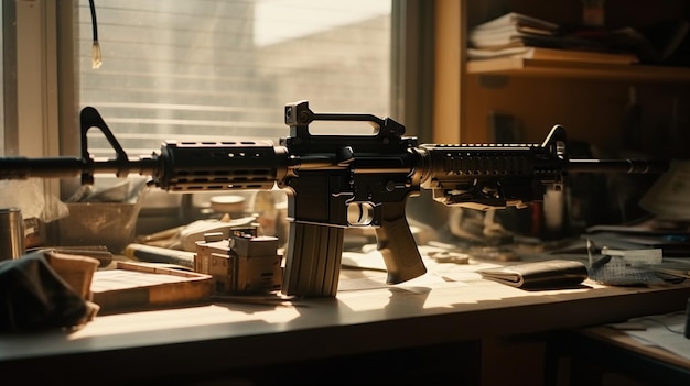 Een pistool op een bureau met een raam erachter