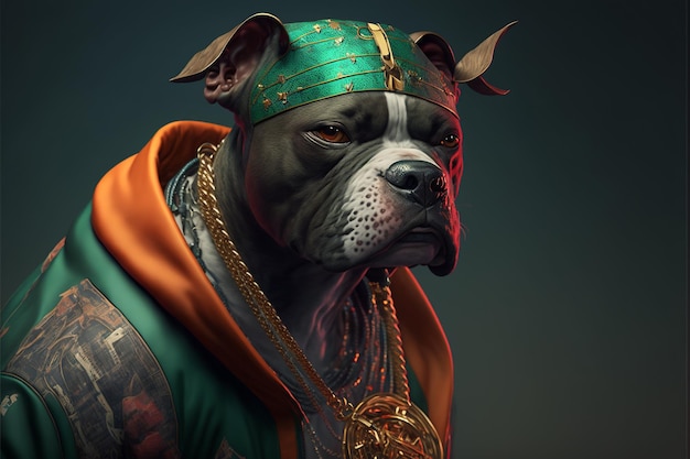 Een Pitbull die kleding in hiphopstijl draagt, een door AI gegenereerd kunstwerk