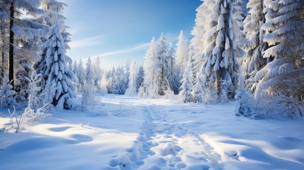 een pittoresk besneeuwd bosgezicht met een spoor van voetafdrukken dat naar een verborgen hut leidt