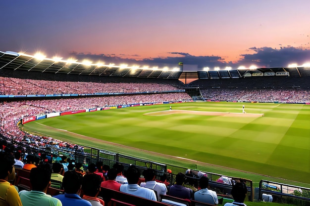 Een pittoresk cricketstadion met een weelderig groen veld en een levendige menigte toeschouwers
