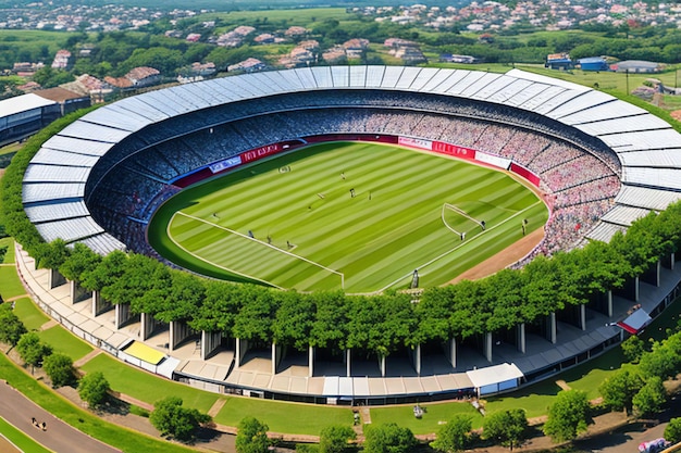 Een pittoresk cricketstadion met een weelderig groen veld en een levendige menigte toeschouwers