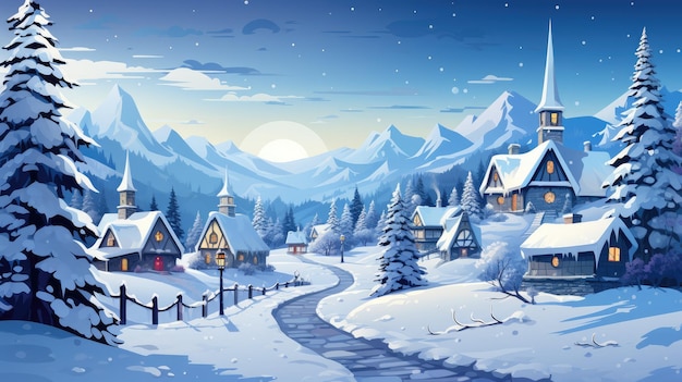 een pittoresk winterdorp met besneeuwde huisjes, fonkelende lichtjes en een centrale kerst