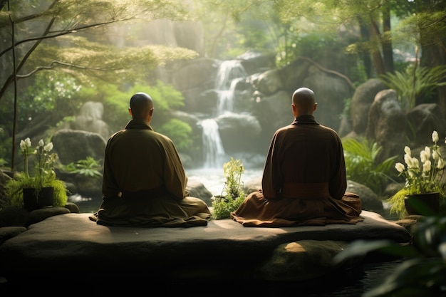 Een pittoreske foto waarop twee individuen zijn vastgelegd die op een rots zitten en een prachtige waterval bewonderen Zen-boeddhistische monniken die mediteren in een rustige tuin AI gegenereerd